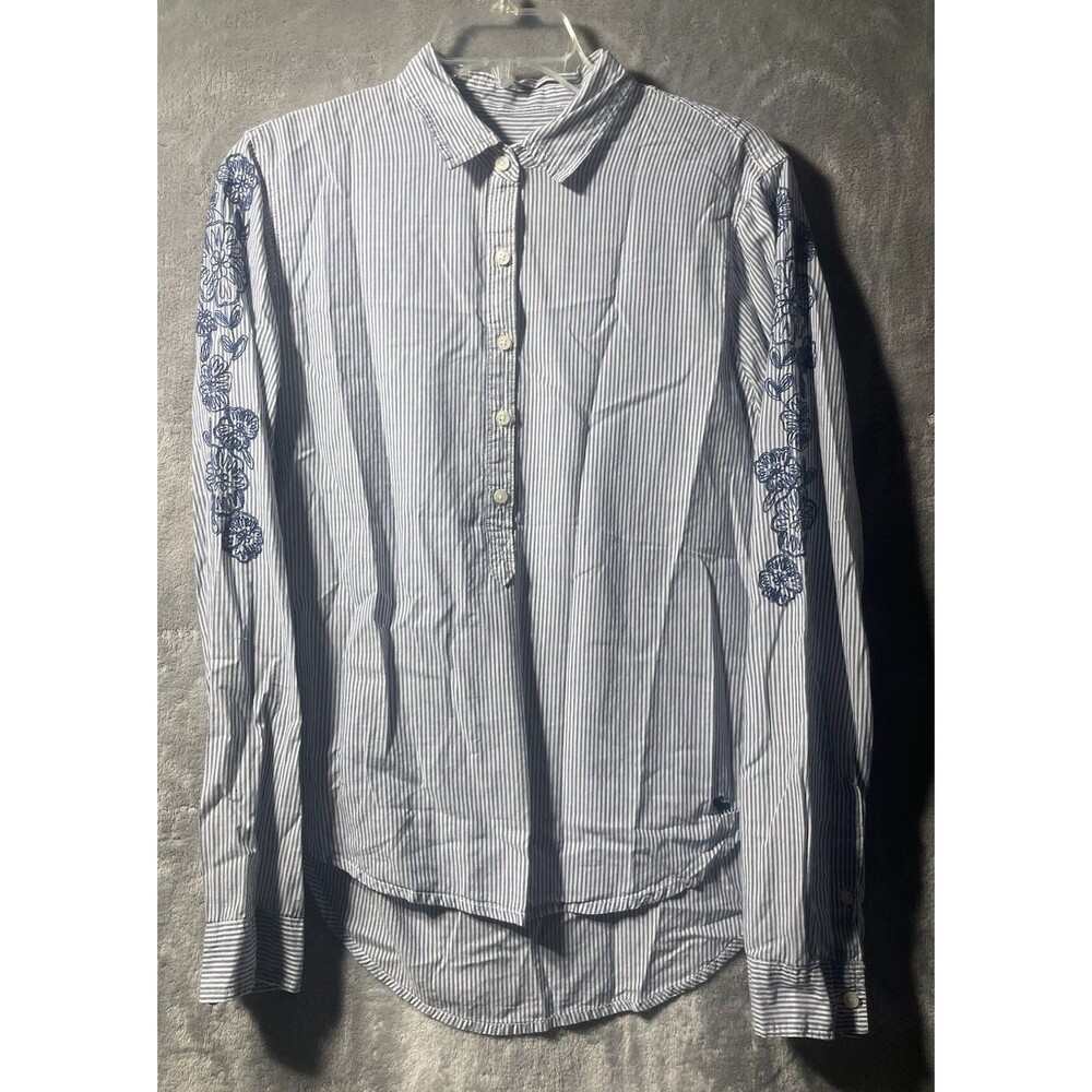 Abercrombie Blue & White Pinstripe Floral Embroidered Long Sleeve Top Shirt S